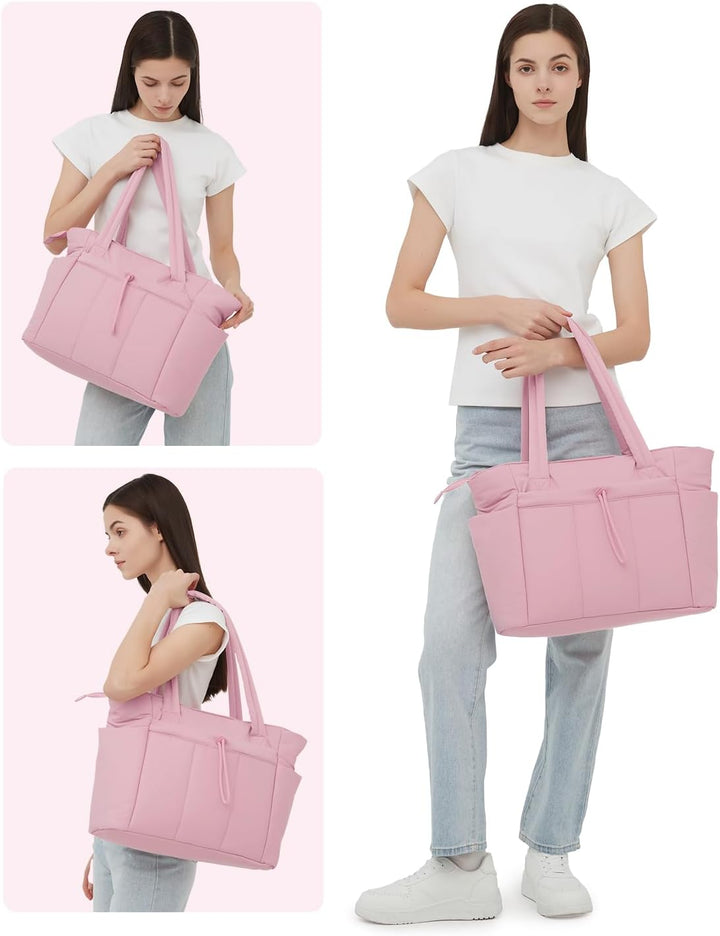 Elegant women's padded shoulder bag, with laptop protection & integrated cup holder.
