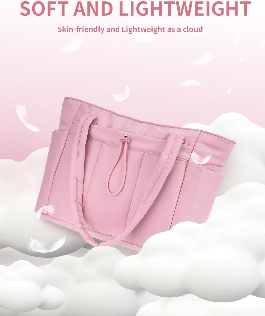 Fashionable women's everyday tote, padded for tech, with a hidden cup holder.