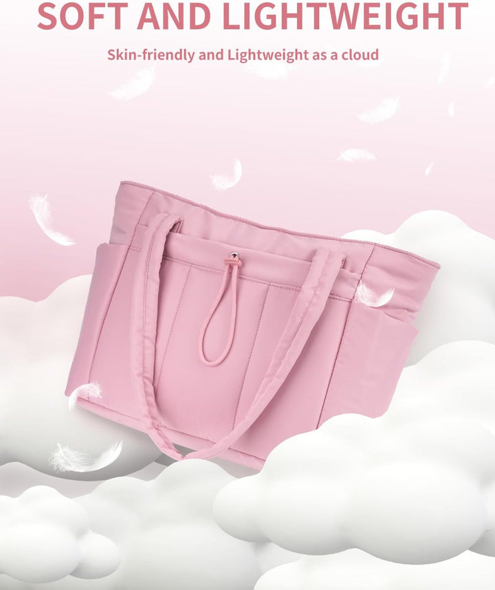 Fashionable women's everyday tote, padded for tech, with a hidden cup holder.