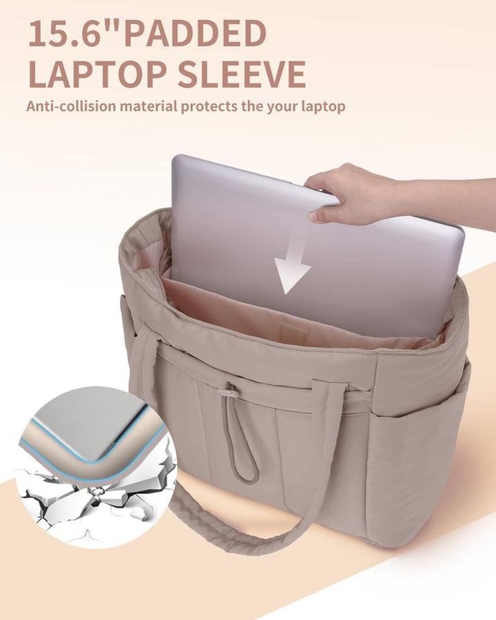 Women's padded laptop tote, sleek design, includes secure cup holder.