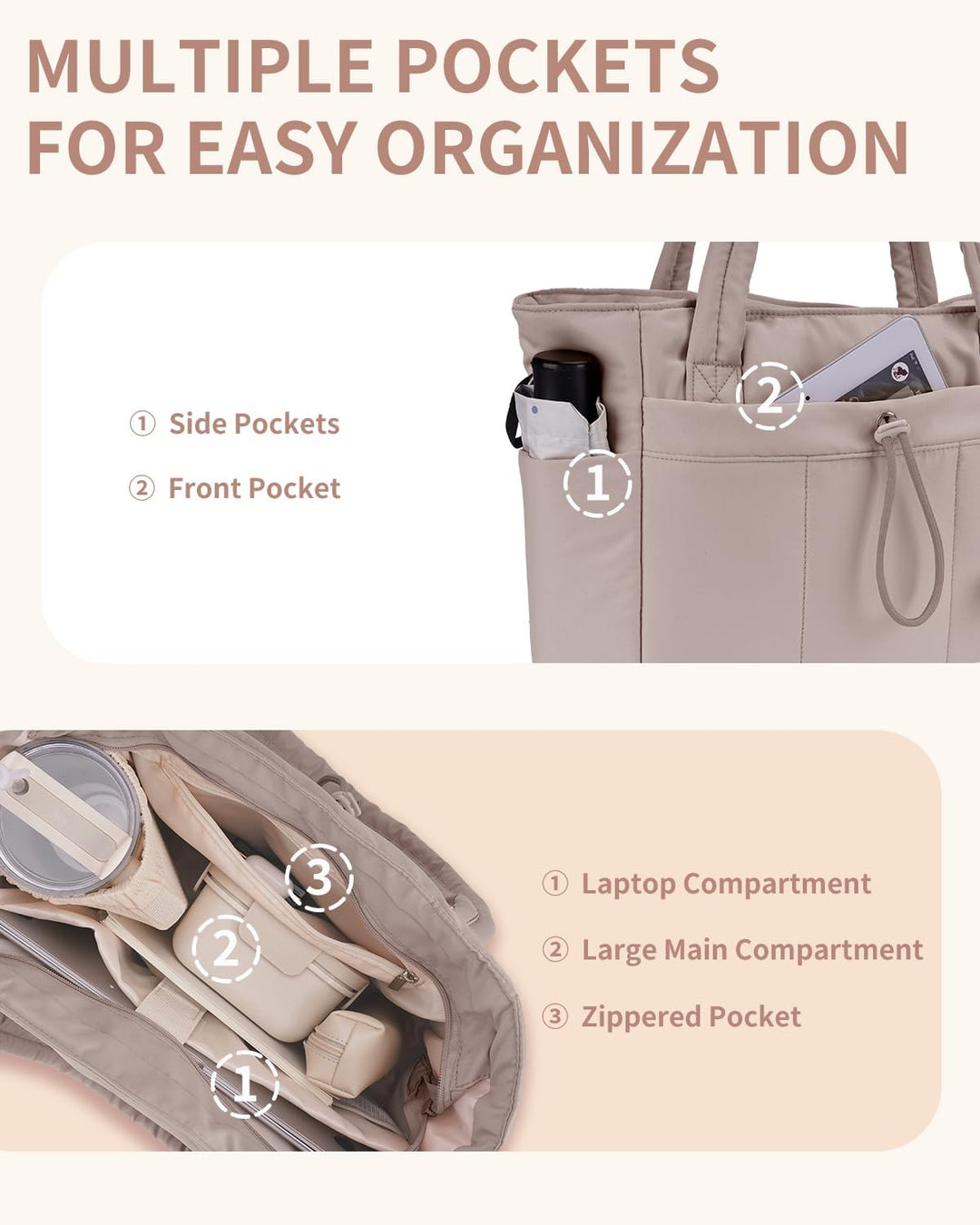 Modern women's travel tote, padded for electronics, with practical cup holder.