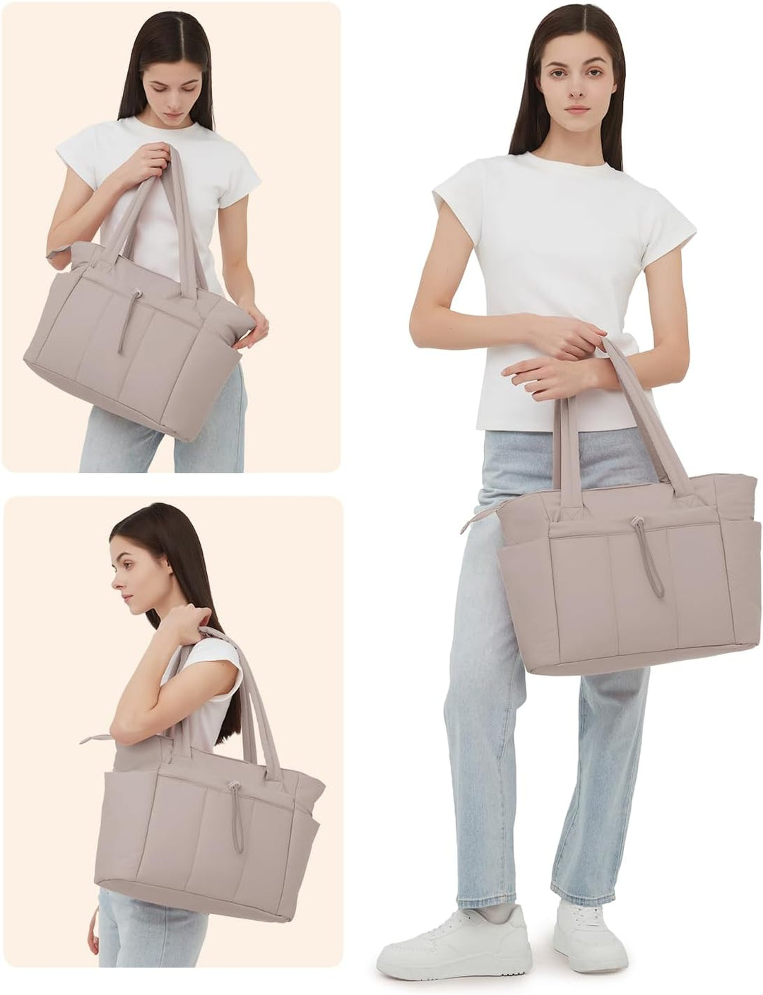 Women's practical padded tote, for daily commute, laptop & cup holder feature.