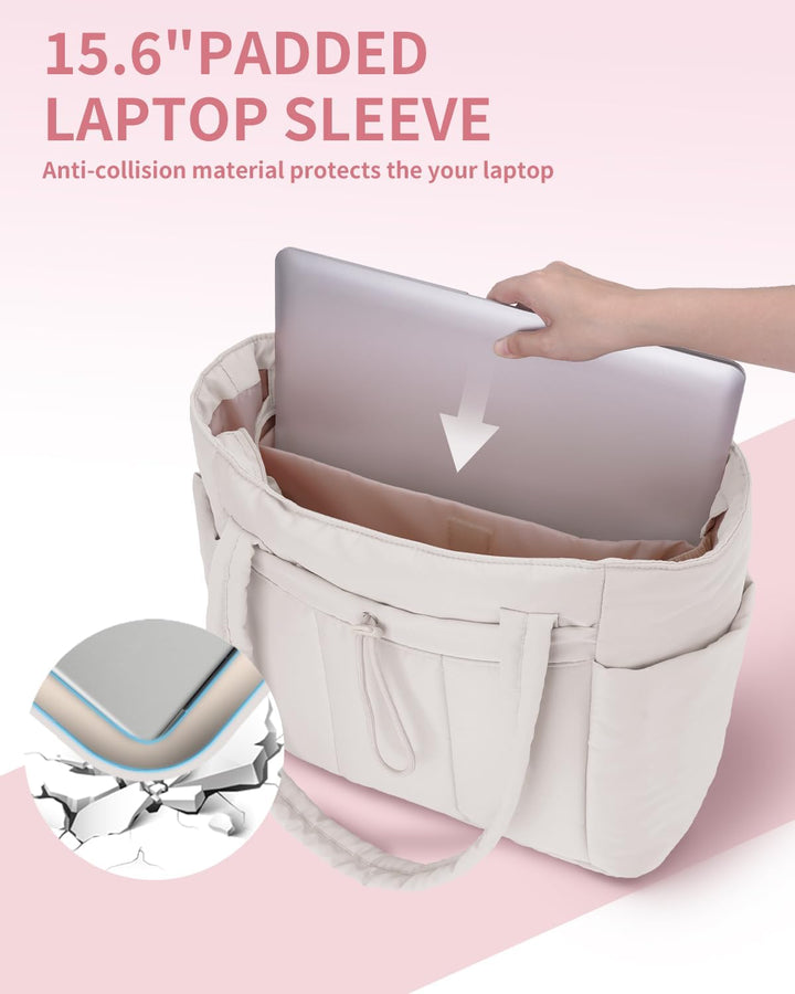 Organized women's shoulder bag: padded laptop sleeve & convenient cup holder.