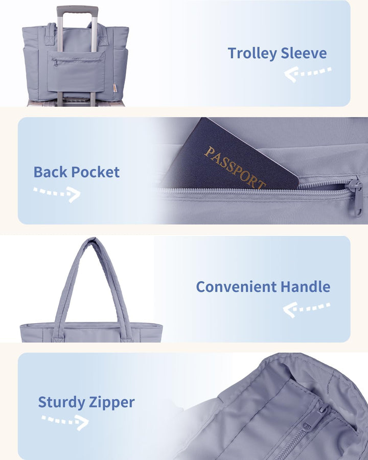 Padded black women's tote, for laptop safety, featuring a smart cup holder.