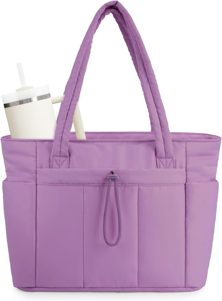 Navy women's sophisticated padded tote, with laptop compartment & cup holder.