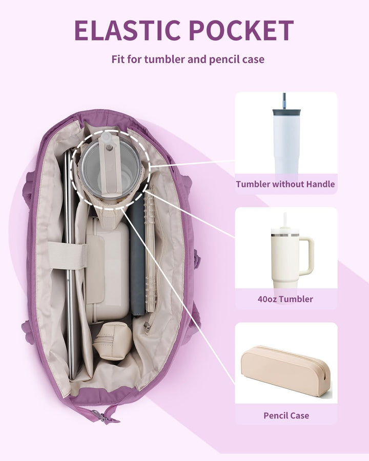 Beige women's casual padded tote, for travel, with laptop space & cup holder.