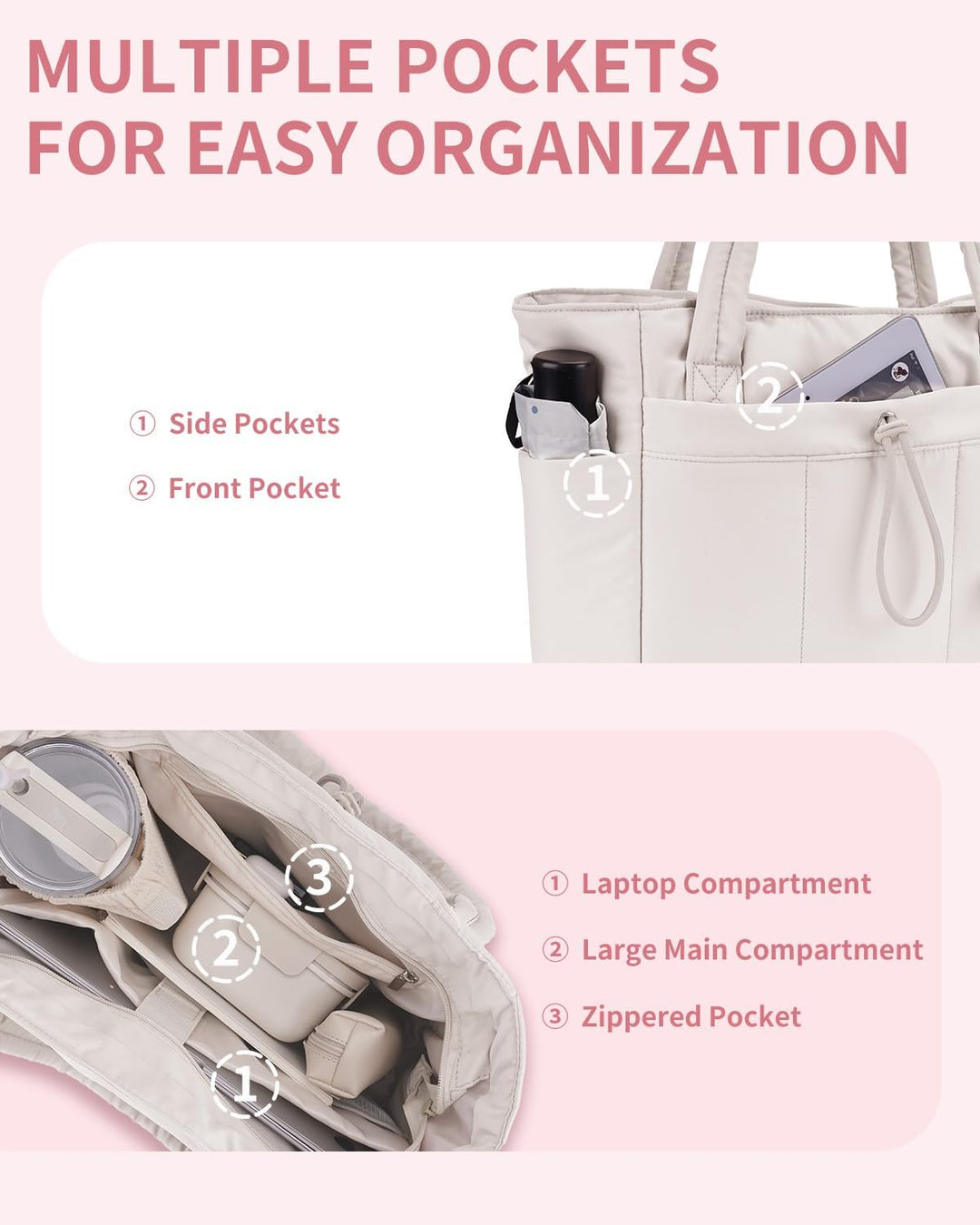 Versatile black women's travel tote, padded for laptop, with exterior cup holder.