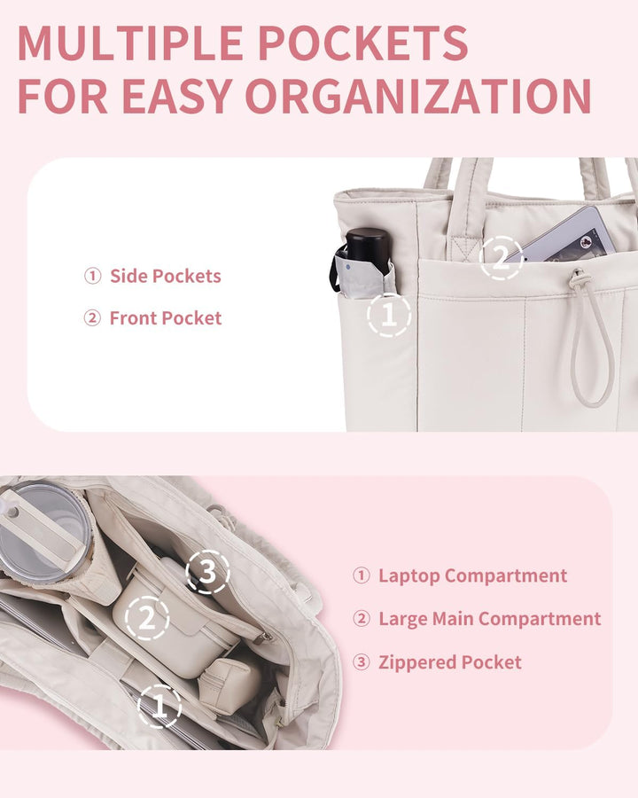 Versatile black women's travel tote, padded for laptop, with exterior cup holder.