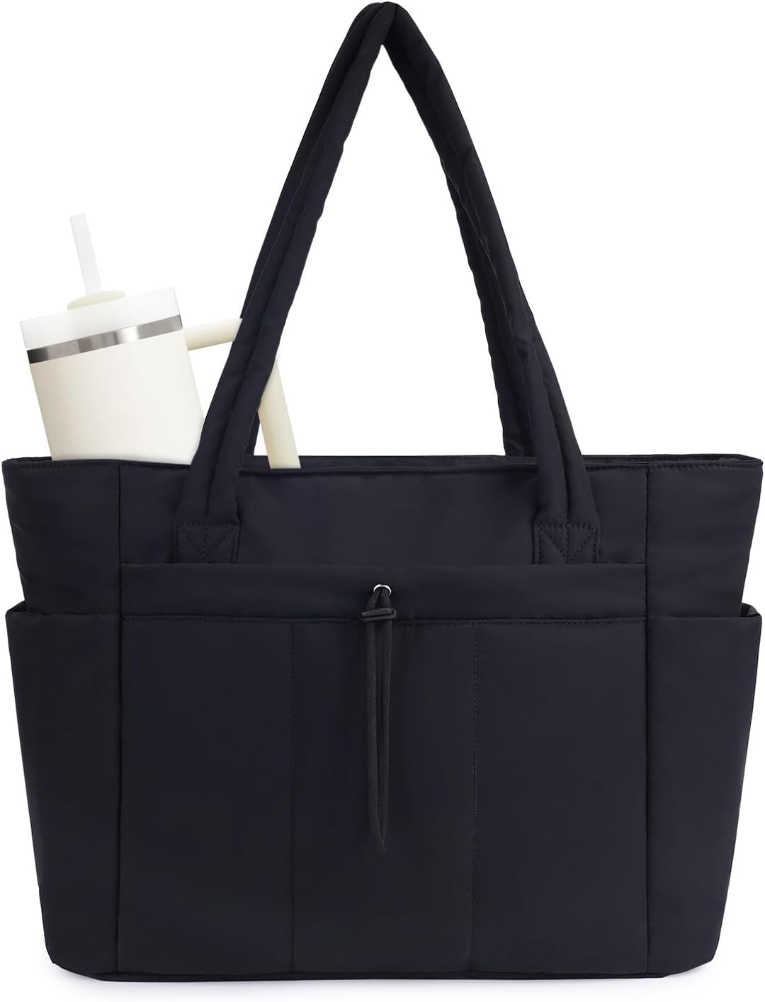 Women's padded elegant tote, designed for laptops, with a discreet cup holder.