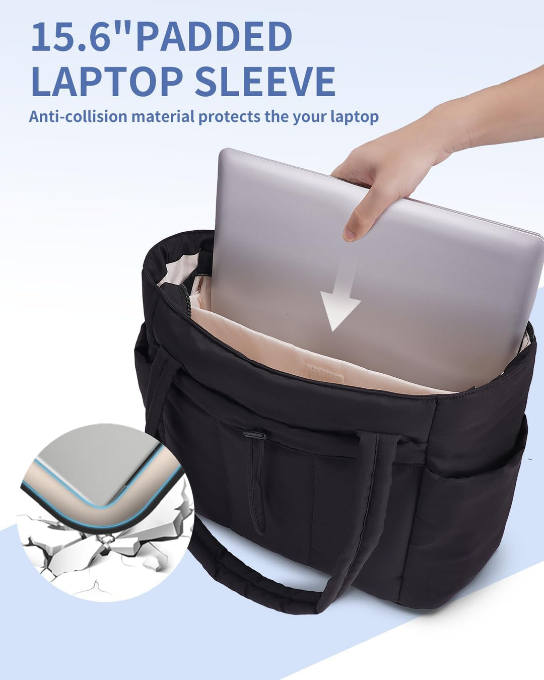 Women's padded shoulder bag, versatile for travel, work, with laptop & cup holder.