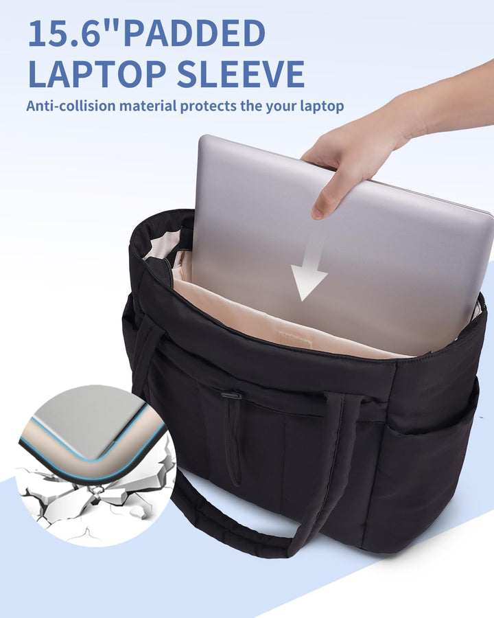 Women's padded shoulder bag, versatile for travel, work, with laptop & cup holder.