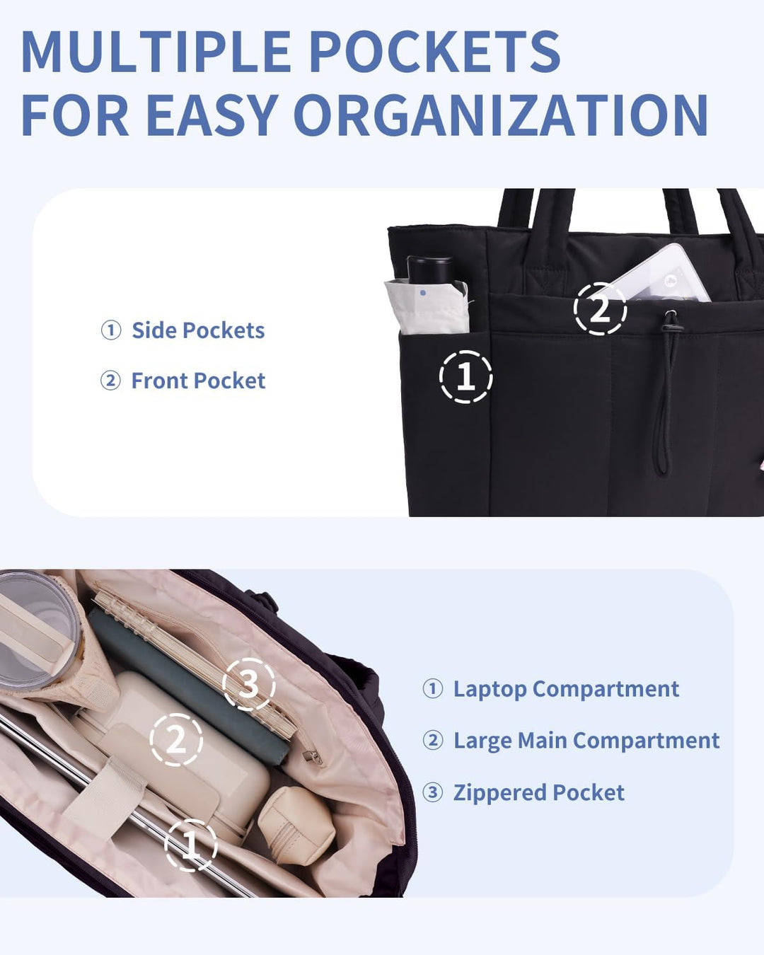 Front view of women's black padded tote, showing laptop zipper & cup holder.