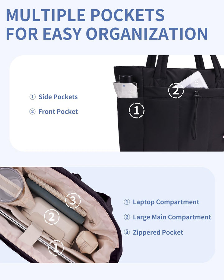 Front view of women's black padded tote, showing laptop zipper & cup holder.