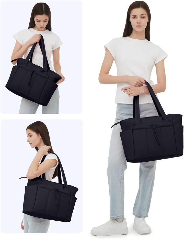 Interior shot of women's padded travel tote, highlighting laptop sleeve & pockets.