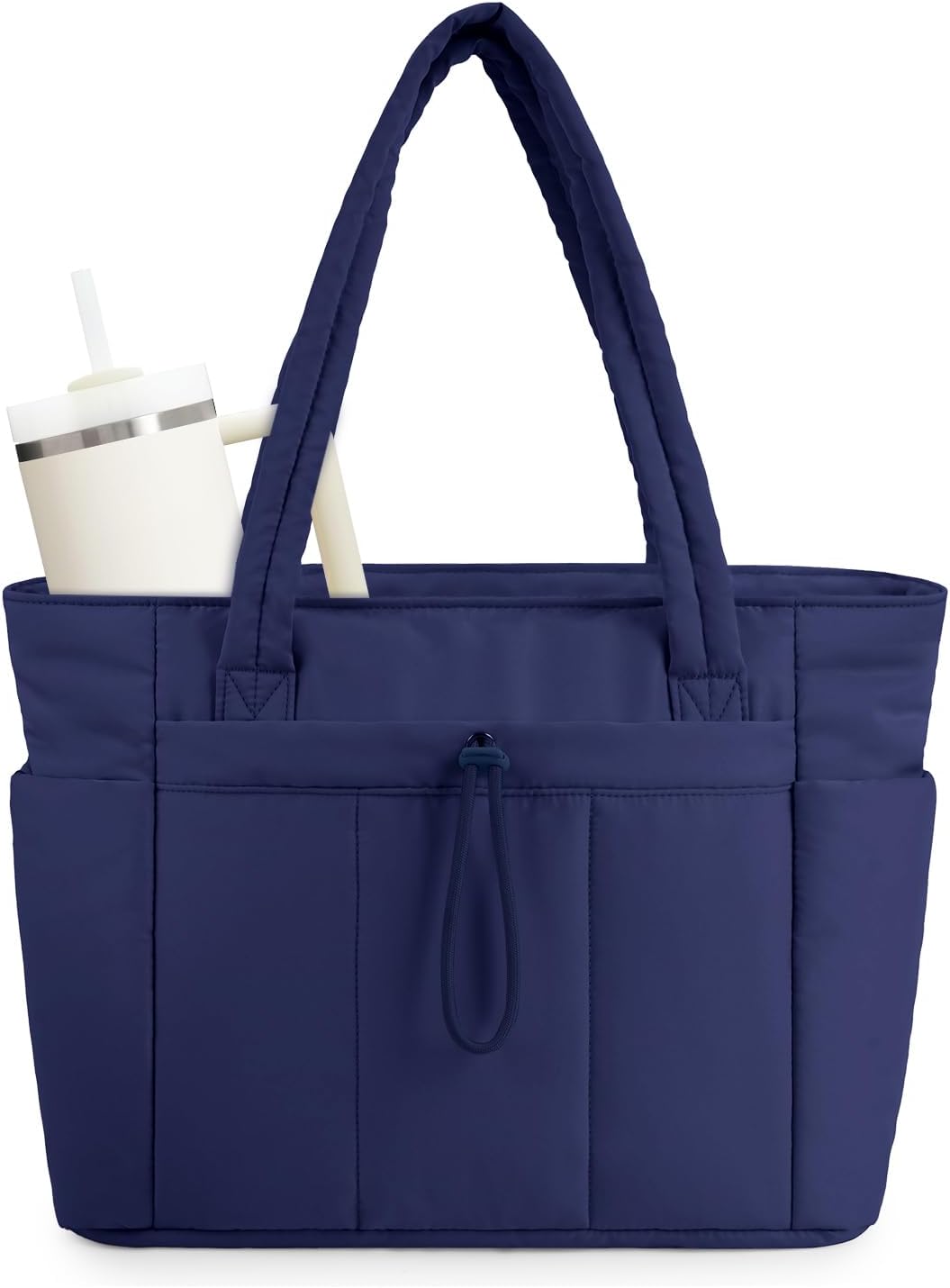 Detail of padded laptop compartment in women's travel tote with cup holder.