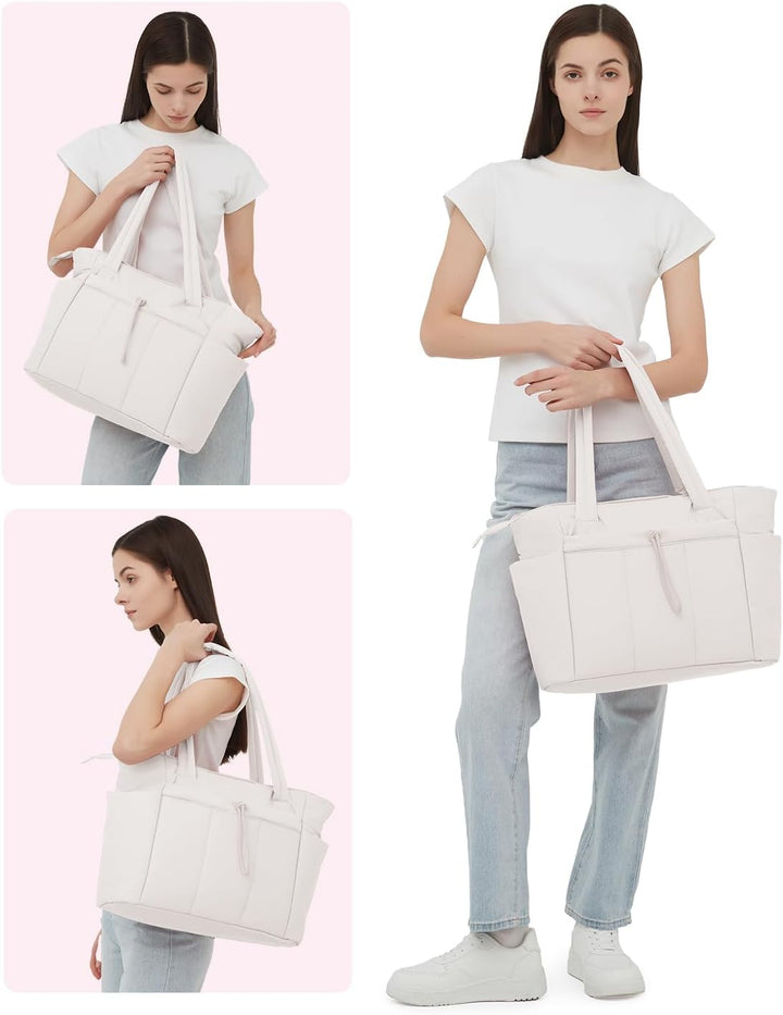 Chic gray padded tote bag for women, designed for laptops & drinks on the go.