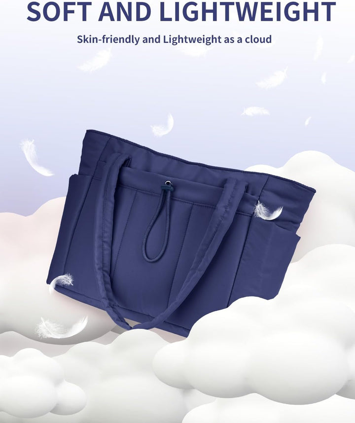 Women's chic & practical padded tote, for laptop & drink, travel-ready.