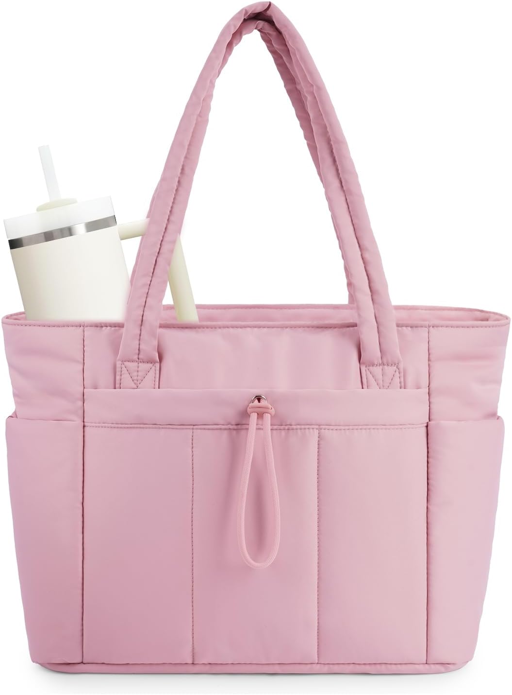 Travel-friendly women's tote, padded, with dedicated laptop compartment & cup holder.