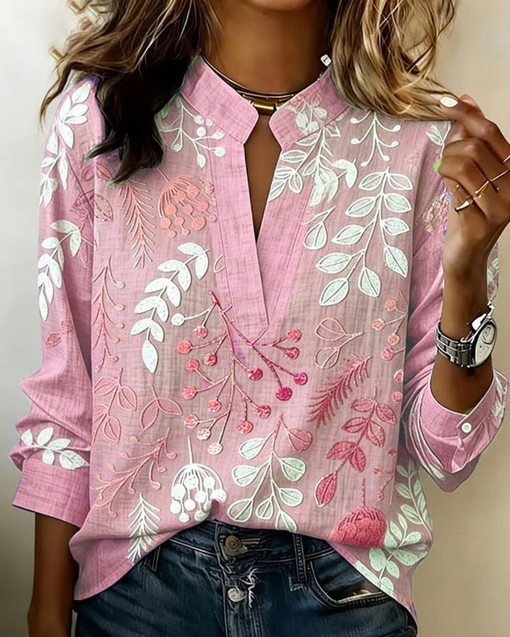 Office chic women's pastel floral v-neck top, combines comfort with professional style.