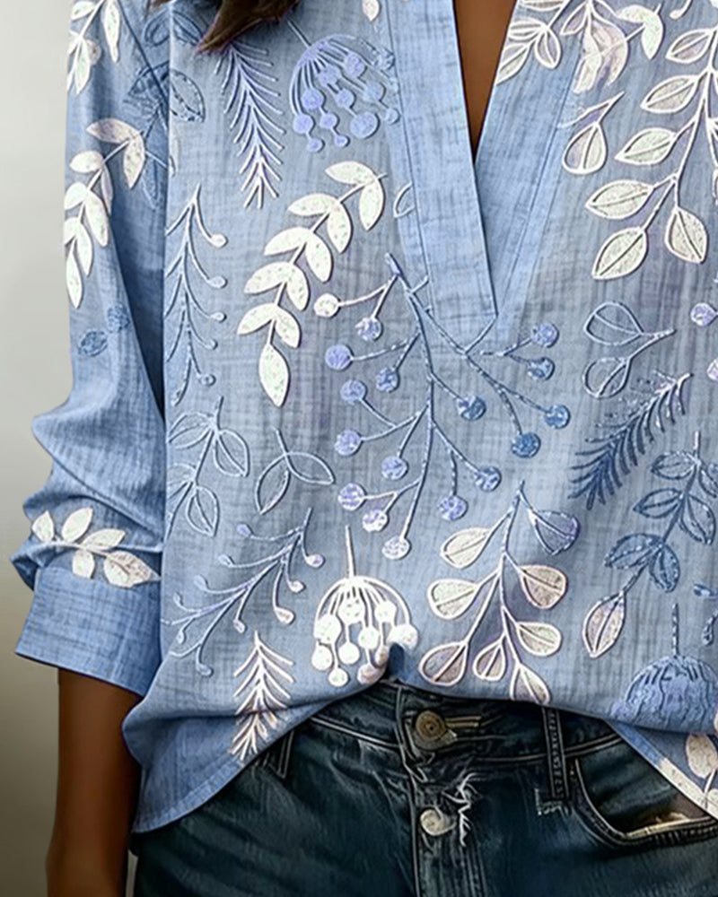 Versatile grey pastel floral v-neck blouse for women, ideal for relaxed office chic.
