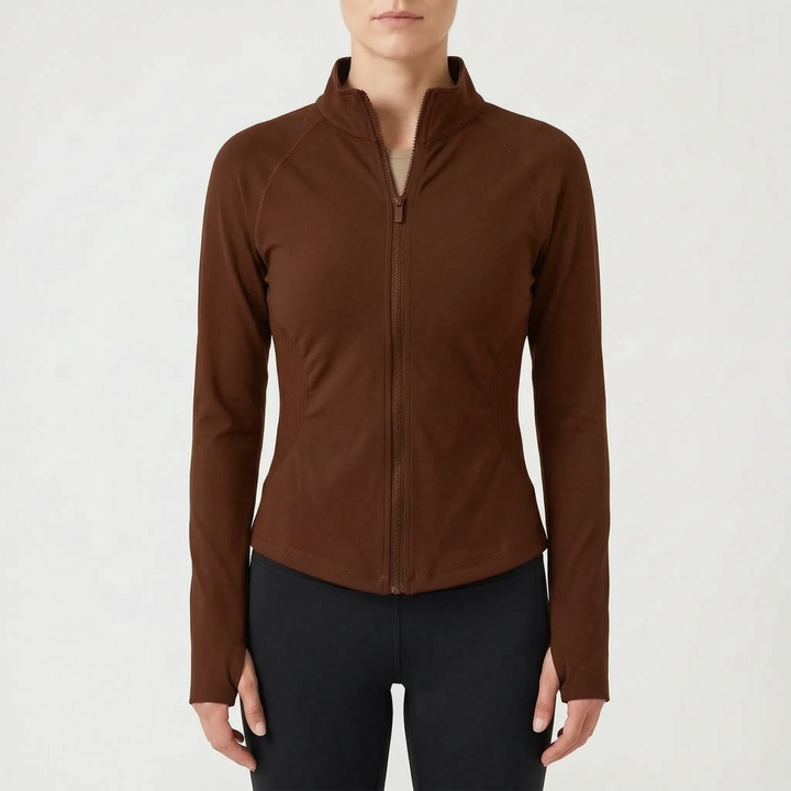 Ergonomic women's gym jacket with long sleeves, designed for intense training and athletic performance.