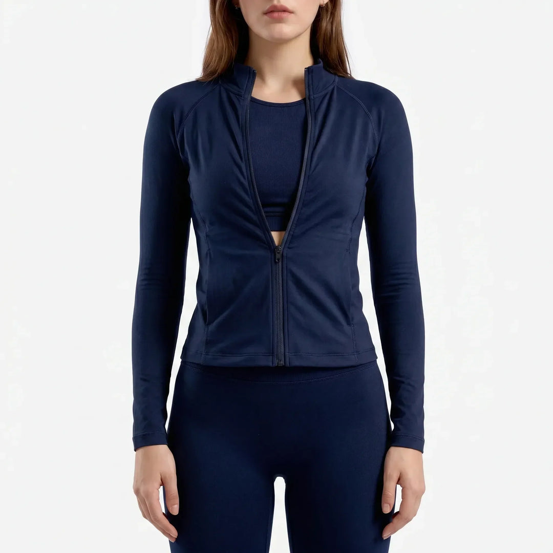 Slim fit women's activewear jacket, ideal for gym workouts, training sessions, and sports.