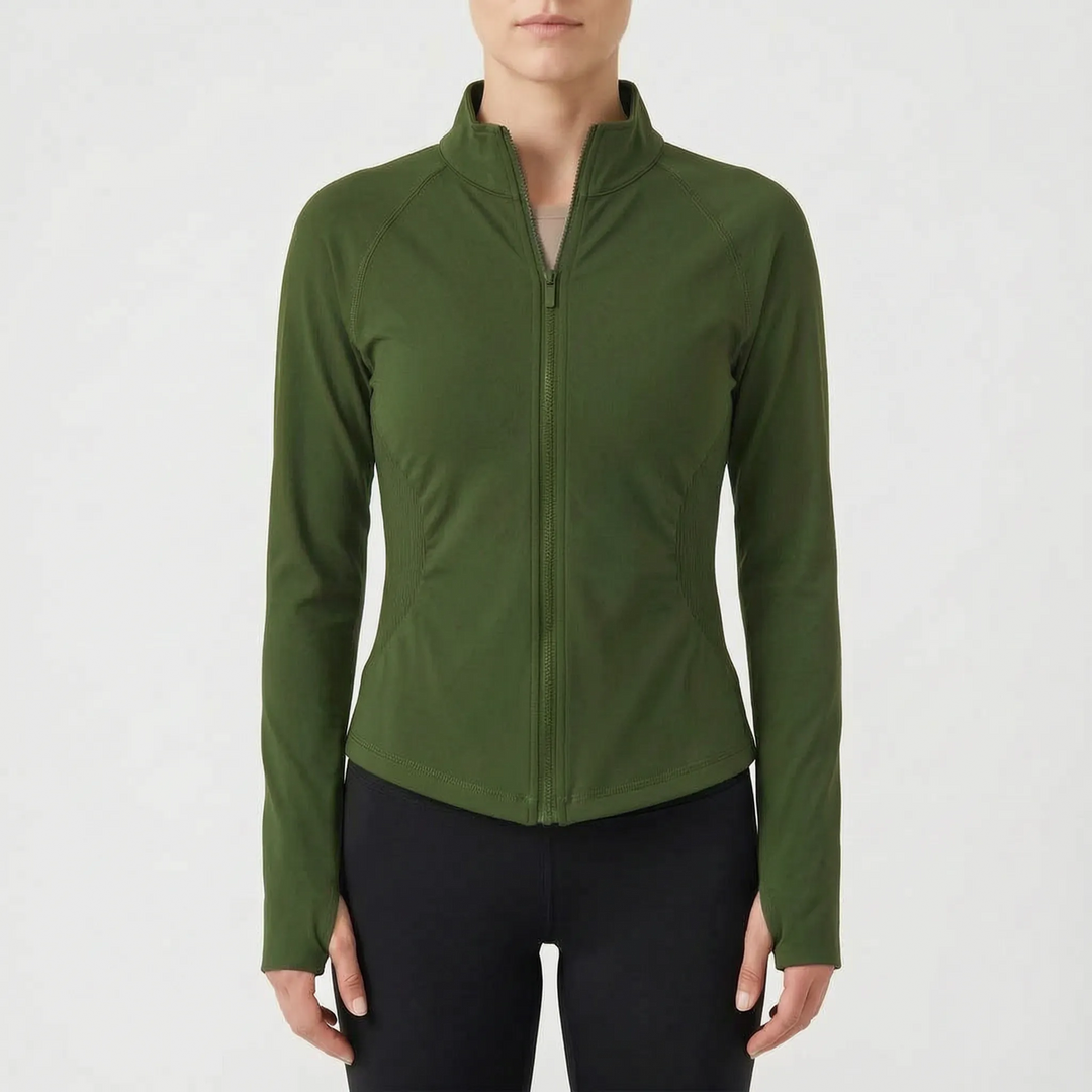 Flexible women's performance jacket, soft fabric for ultimate comfort during active gym wear.