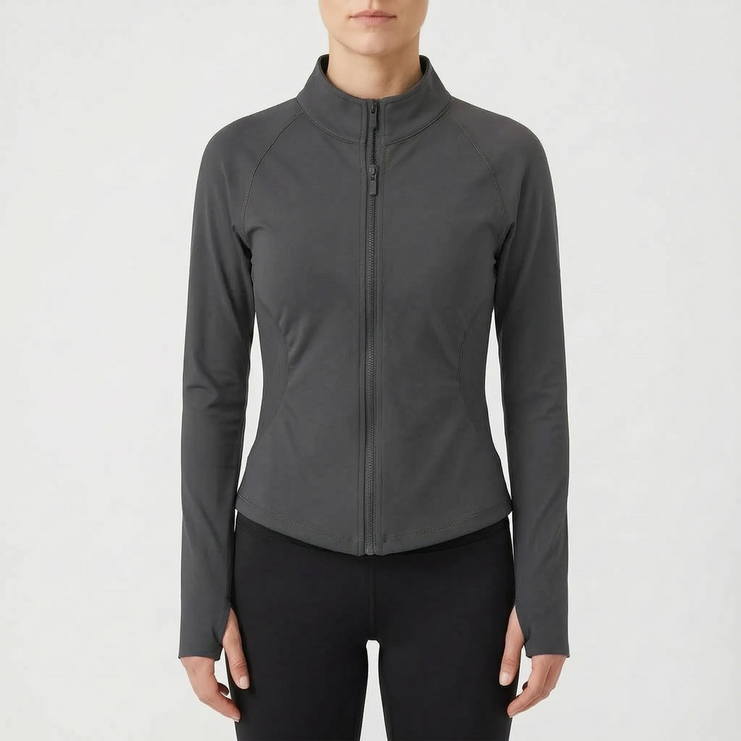 Women's running jacket, front view, featuring a secure zipper and performance-focused design.