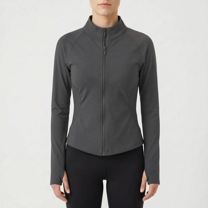 Women's running jacket, front view, featuring a secure zipper and performance-focused design.