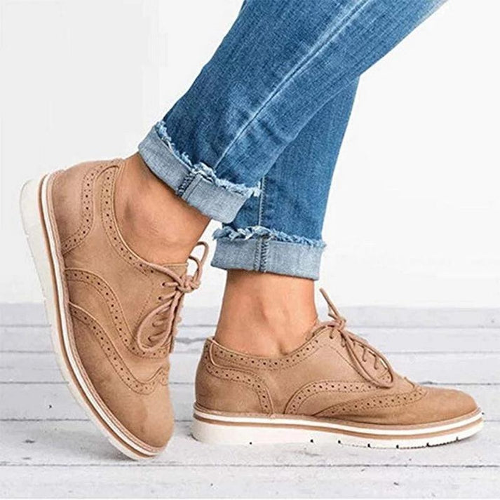 Khaki beige women's Oxford sneakers. Lace-up design, brogue detail, perfect for smart casual & vintage fashion.
