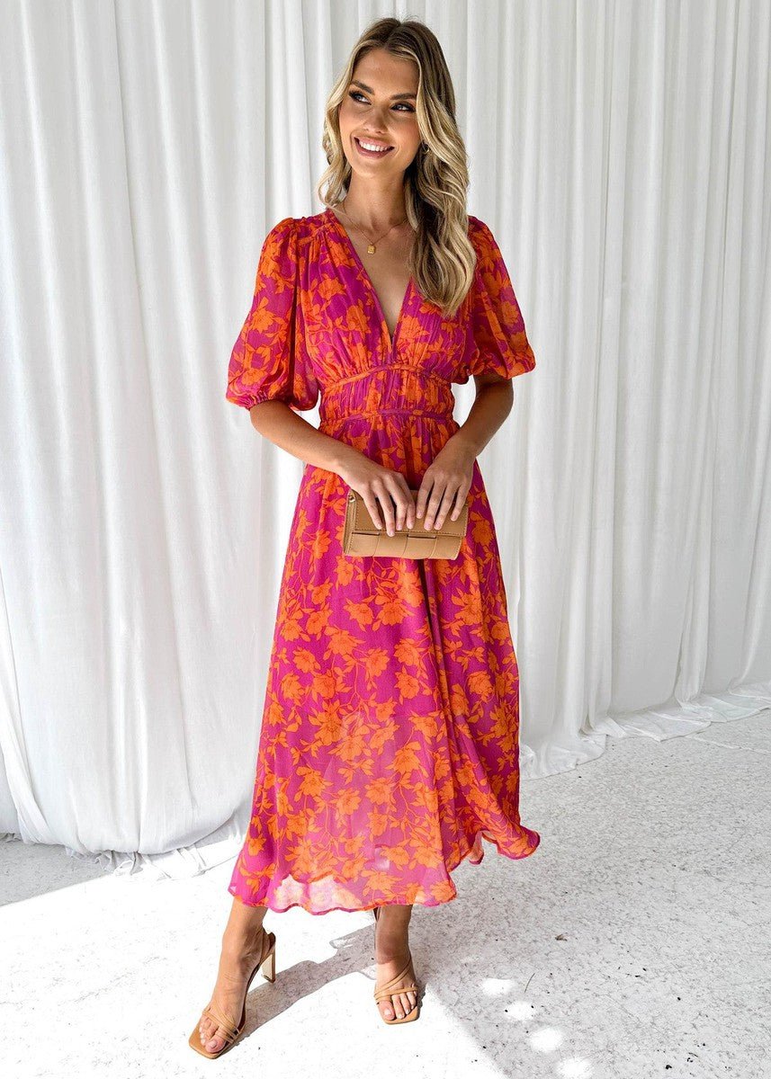 Women's pink orange floral V-neck maxi dress with puff short sleeves, perfect for summer style & vacation.