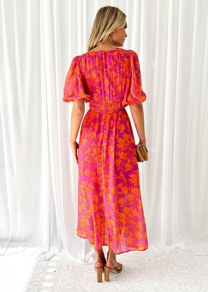 Comfortable pink orange floral maxi dress, V-neck, puff short sleeves. Casual elegance for women's summer style.