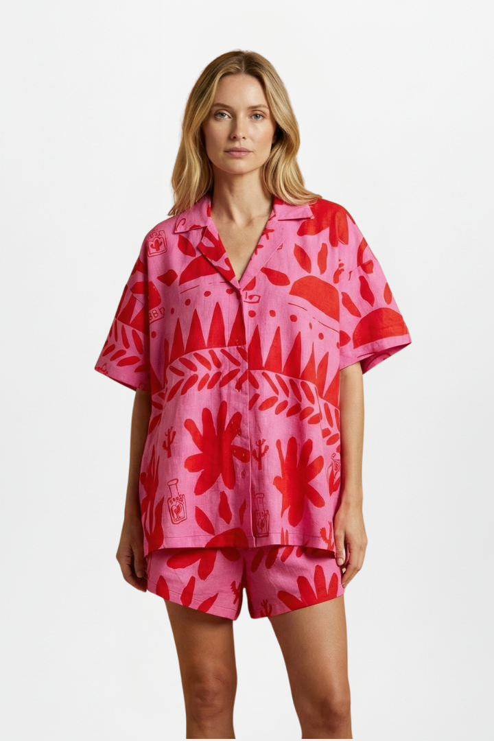 Vibrant women's tropical print shirt & shorts matching set. Perfect beachwear, vacation outfit & summer fashion.