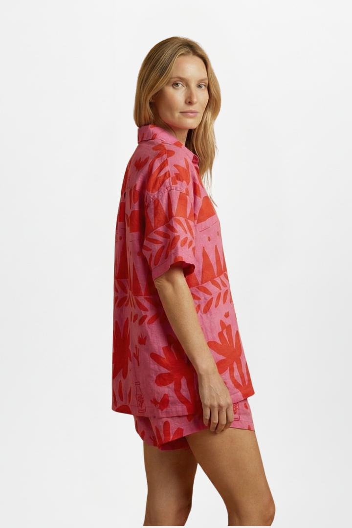 Chic women's tropical print co-ord set with relaxed shirt & shorts. Perfect for summer vacations & resort fashion.