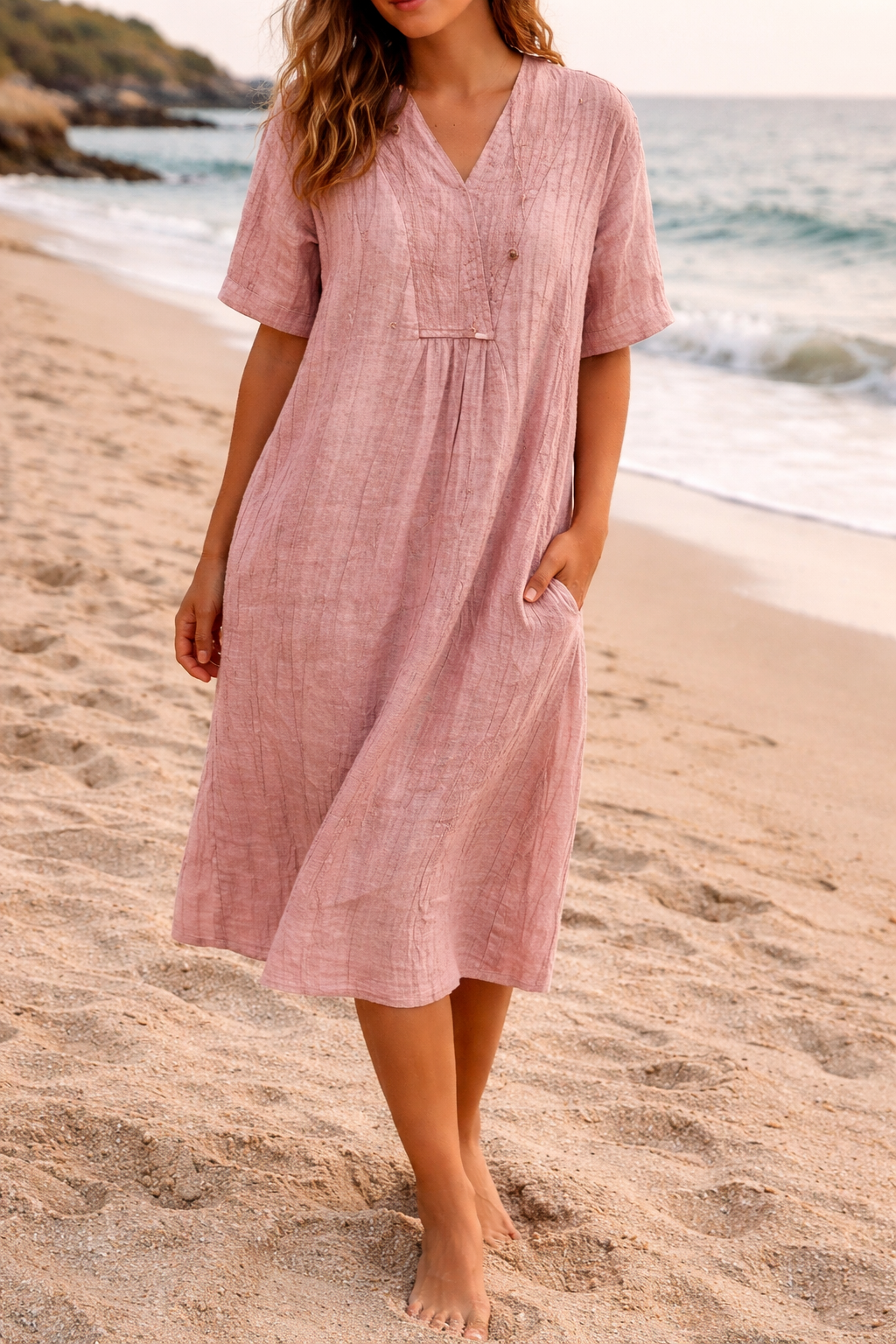 Women's pink V-neck loose fit midi dress with short sleeves, a comfortable and elegant choice for summer casual wear.