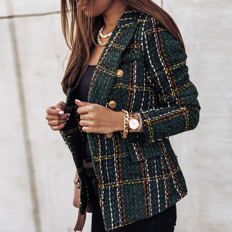 Women's plaid double-breasted tailored blazer with elegant gold buttons. Perfect for office wear & sophisticated fall fashion.