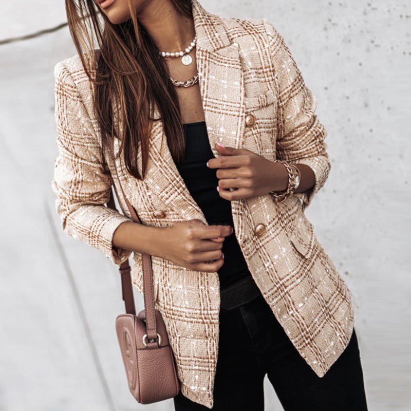 Sophisticated women's plaid tailored blazer, double-breasted with gold buttons. Ideal for elegant office attire & fall style.