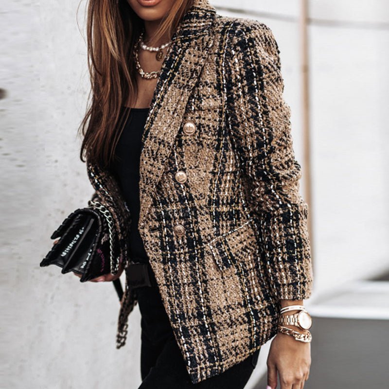 Elegant women's plaid double-breasted blazer. Tailored fit, striking gold buttons. A chic outerwear piece for fall & office.