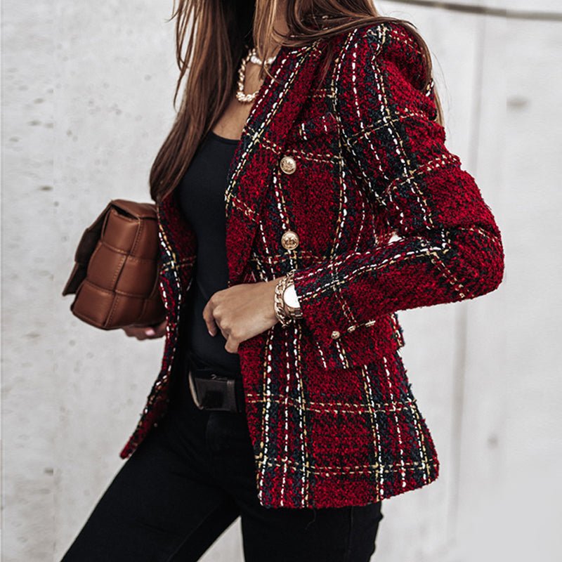 Fashionable women's plaid blazer, double-breasted with gold buttons. Tailored design, great for professional looks & fall.