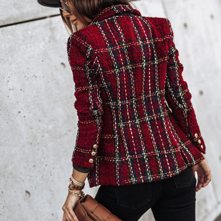 Stylish women's plaid double-breasted tailored jacket. Gold button detail. A sophisticated addition to any fall office outfit.