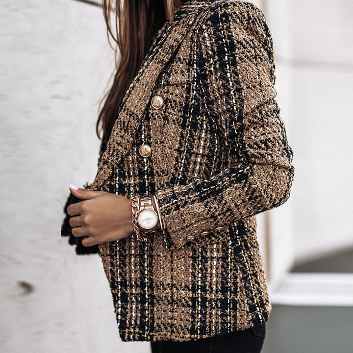 Modern women's plaid blazer with double-breasted style & gold buttons. Tailored for an elegant, sophisticated fall look.