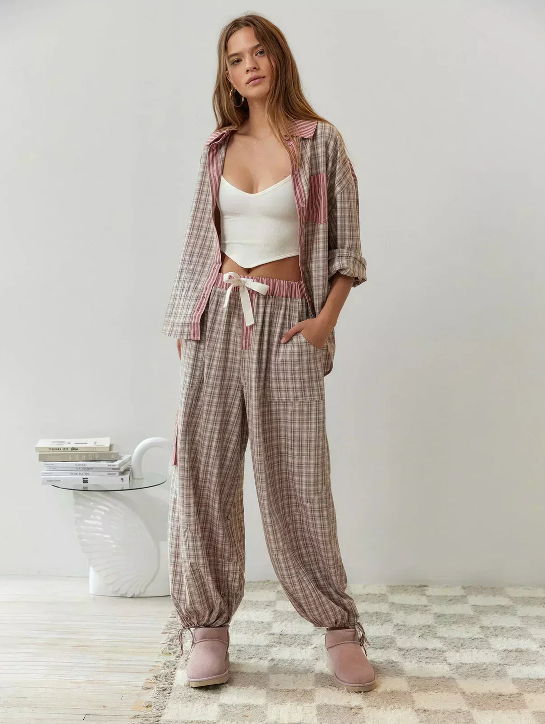 Relaxed fit women's plaid pajama pants, comfortable loungewear bottoms that pair with the matching button-up top.