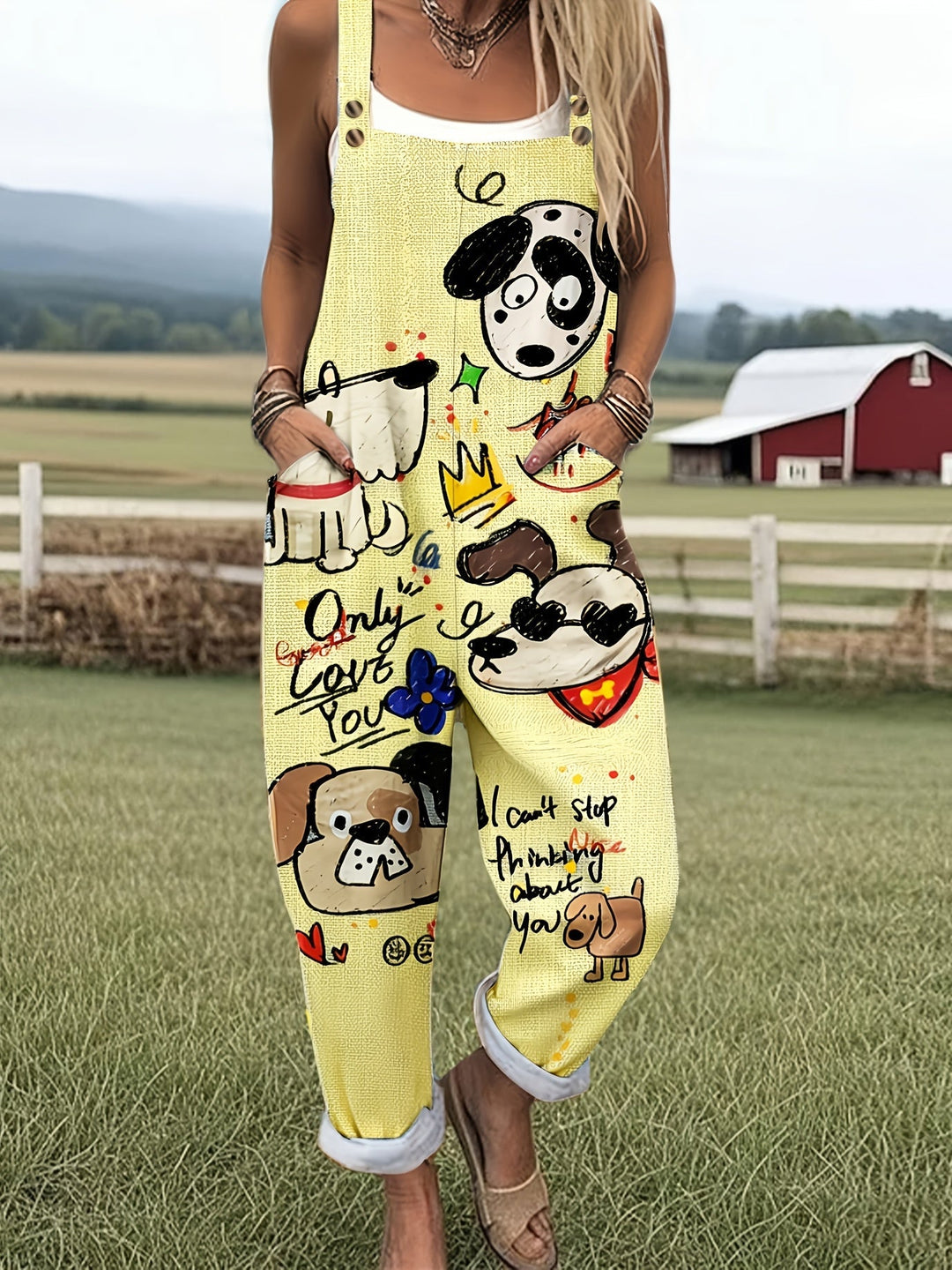Playful dog graphic print detail on women's casual jumpsuit fabric. Adjustable strap design.