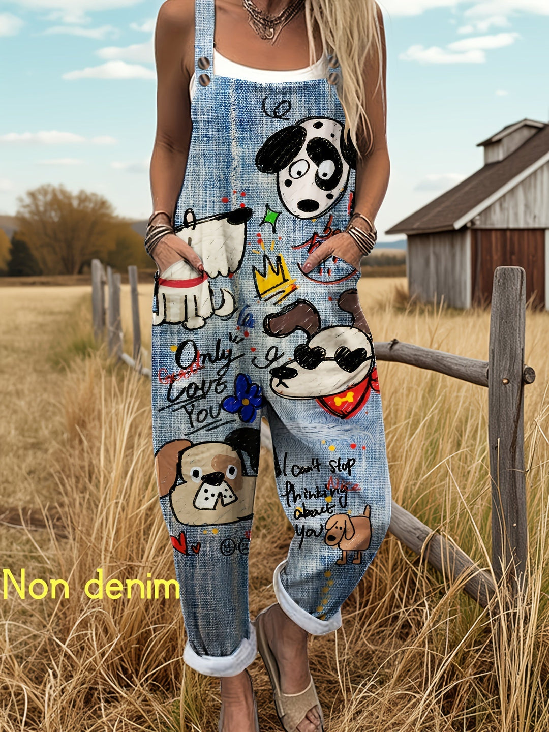 Wide-leg women's dog print jumpsuit with adjustable straps & pockets for summer casual style.
