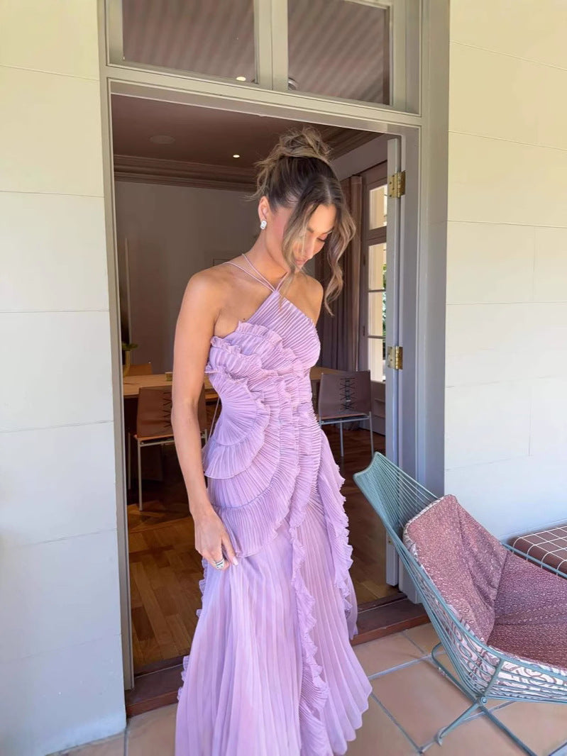 Stylish women's homecoming dress: a flattering pleated ruffle midi halter, perfect for celebration.