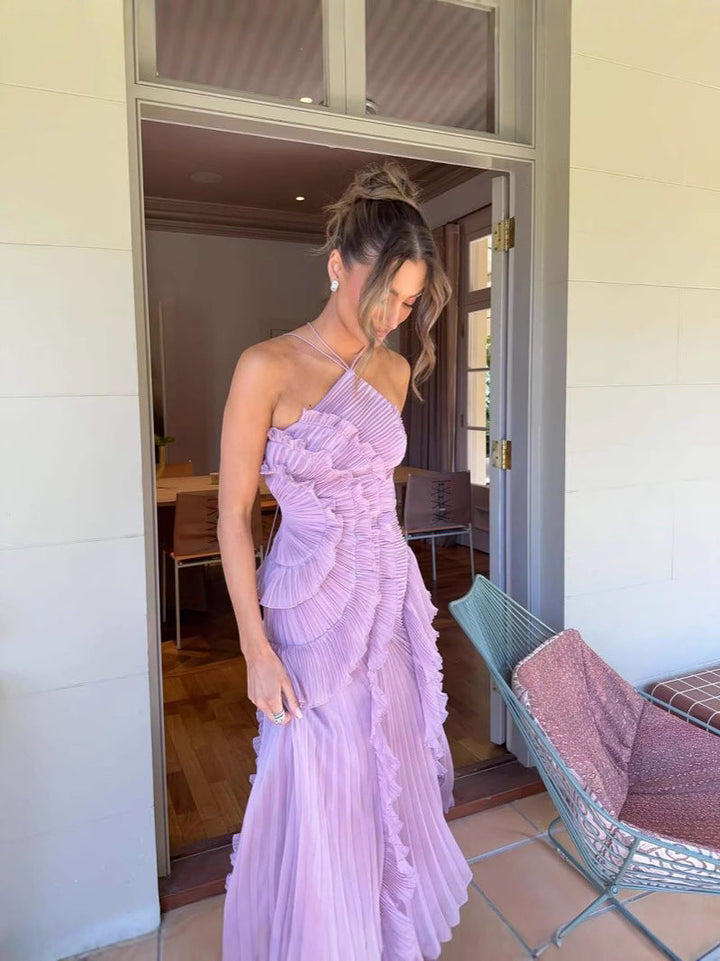 Stylish women's homecoming dress: a flattering pleated ruffle midi halter, perfect for celebration.