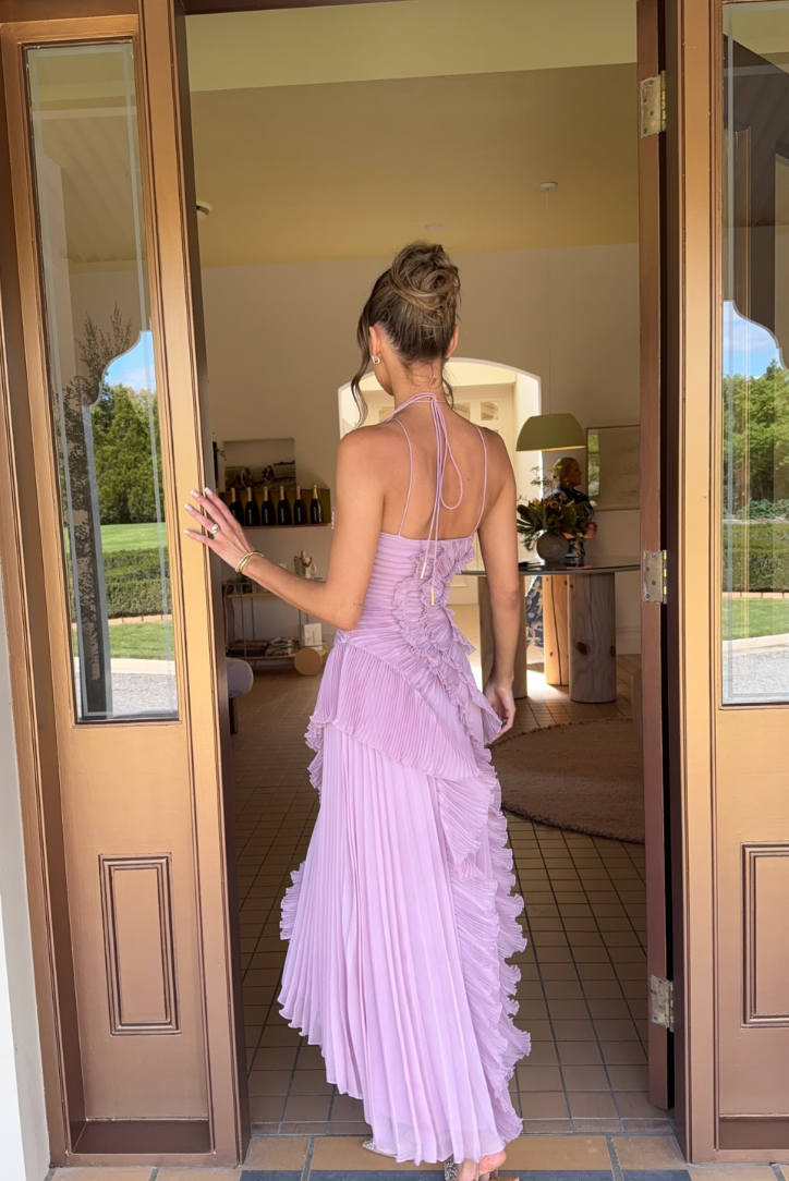 Chic women's cocktail or wedding guest dress; a pleated ruffle halter midi for elegant events.