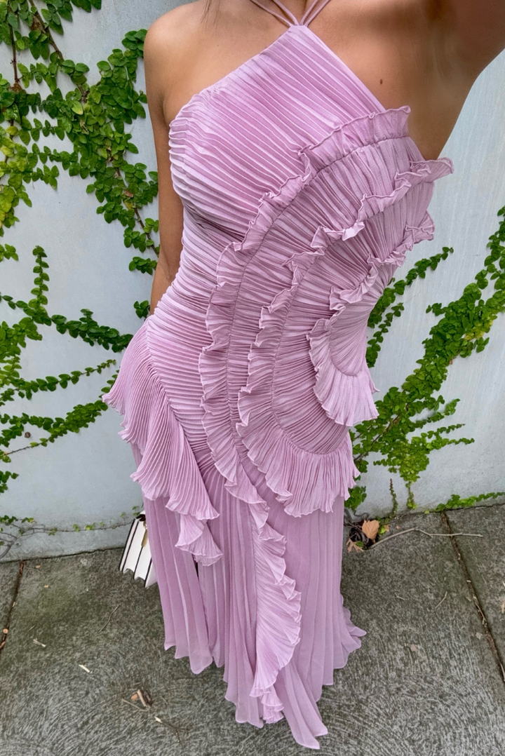 Beautiful women's formal midi dress featuring pleated ruffles and a flattering halter neckline.