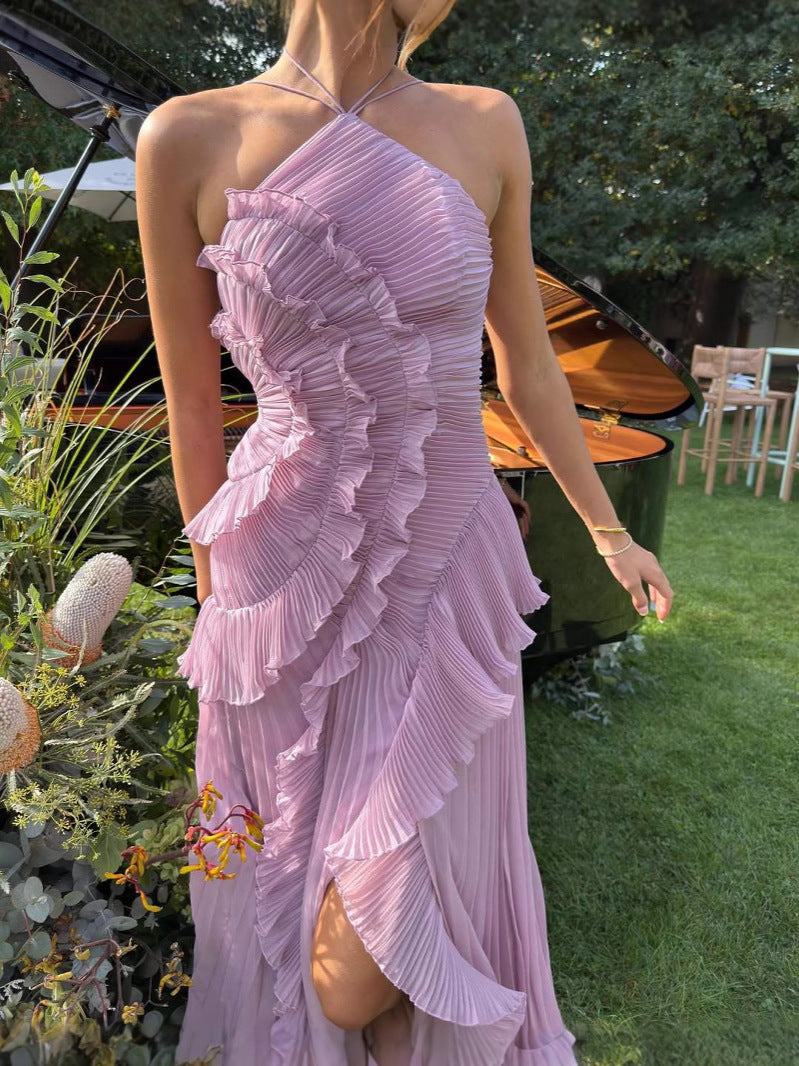 Versatile women's pleated ruffle halter midi dress, suitable for homecoming, proms, or special occasions.