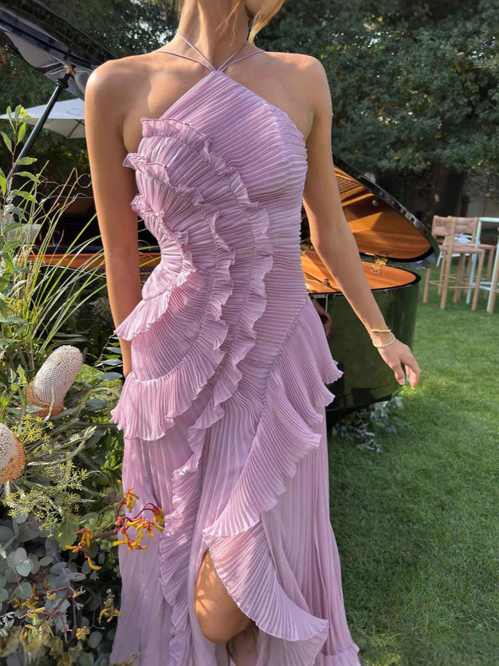 Versatile women's pleated ruffle halter midi dress, suitable for homecoming, proms, or special occasions.